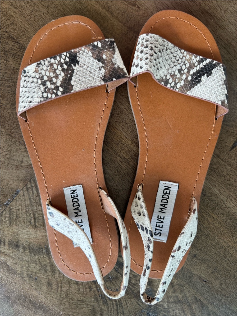 Steve Madden Women's Tan Footbed Sandals with Brown/Beige Snake-Print Straps